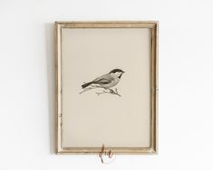 a bird sitting on top of a branch in front of a framed wall art piece