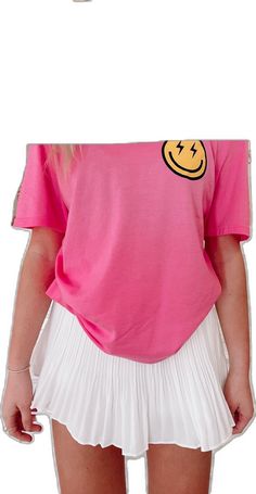 Electric Smiles Tee | Sassy Shortcake | sassyshortcake.com Cute Pink Smiley Face Top, Cute Smiley Face Top For Spring, Cute Smiley Face Tops For Spring, Fun Pink Smiley Face Tops, Cute Spring Tops With Smiley Face, Fun Pink Tops With Smiley Face, Cute Smiley Face Short Sleeve T-shirt, Casual Smiley Face Short Sleeve Tops, Trendy Pink Smiley Face Tops