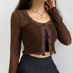 Brown Vintage Mesh Lace V Neck Long Sleeve T-shirts MK16206 E Girl Clothes, Mesh Cardigan, Button Crop Top, Girls Crop Tops, Baby Tees Y2k, Aesthetic Women, Brown Vintage, Sweaters Online, Mesh Long Sleeve