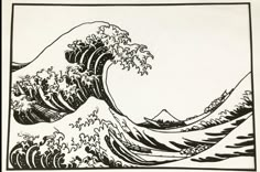 an ink drawing of the great wave in black and white, with waves coming up from it