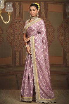 Light purple floral chanderi saree, embellished with intricate gota, dori and badla work and lemon yellow border. Comes with silk chanderi padded blouse with scalloped neckline. - Aza Fashions Diwali Meenakari Pre-draped Saree In Dola Silk, Chanderi Meenakari Pre-draped Saree For Navratri, Meenakari Dola Silk Traditional Wear For Reception, Reception Traditional Wear With Meenakari In Dola Silk, Reception Meenakari Traditional Wear In Dola Silk, Semi-stitched Meenakari Dola Silk Pre-draped Saree, Elegant Semi-stitched Meenakari Pre-draped Saree, Tussar Silk Saree With Unstitched Blouse For Reception, Designer Silk Pre-draped Saree With Meenakari