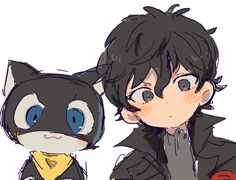 an anime character with a cat on his shoulder next to another character wearing a scarf