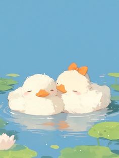 two ducklings are sitting in the water with lily pads on it's sides