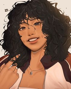 a digital painting of a woman with curly hair wearing a white shirt and brown jacket