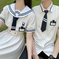 Couple JK Uniform Sailor Collar Dress T-Shirt Pants Elevate your couple style with this elegant pair of JK Uniform Sailor Collar Dress T-Shirt Pants. Perfect for any occasion, these matching outfits feature a classic sailor collar design, adding a touch of sophistication to your wardrobe. Constructed with durable materials, these garments will keep you stylish and comfortable all day long. Size Info. S: for Height Range (145-150 cm). Weight Range (35-42.5 kg) M: for Height Range (150-155 cm). We Sailor Collar Dress, Kawaii Swimsuit, Tie Pants, Dark Academia Clothing, Anime Lingerie, Aesthetic Dark Academia, Dress T Shirt, Bow Tie Dress, Couple Style