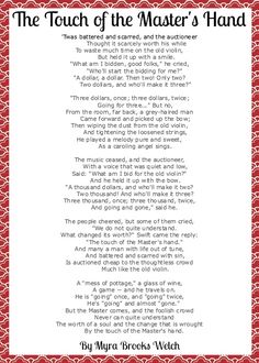 the touch of the master's hand poem on a red background with white text