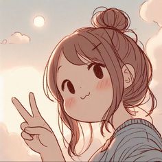 a cartoon girl making the peace sign with her hand while standing in front of clouds