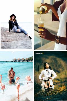 four different pictures with flamingos in them and one woman holding a wine glass on the beach