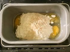 flour and eggs are mixed together in a bowl