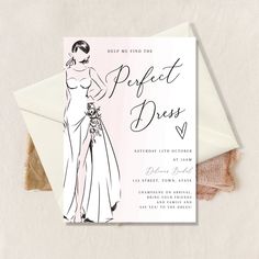 a wedding card with a drawing of a woman in a dress and the words perfect dress on it