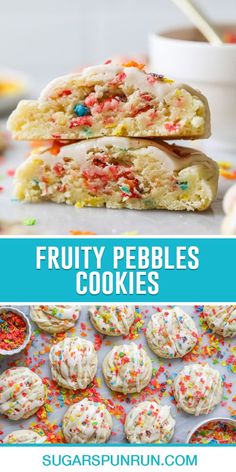 fruity pebbles cookies with sprinkles and white frosting are stacked on top of each other