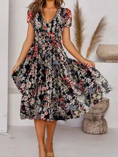 S lnch cm sleeve length 7 17 skirt length 46 117 shoulder width 16 40 bust 35 90 M lnch cm sleeve length 7 18 skirt length 46 118 shoulder width 16 41 bust 37 95 L lnch cm sleeve length 7 19 skirt length 47 119 shoulder width 17 42 bust 39 100 XL lnch cm sleeve length 8 20 skirt length 47 120 shoulder width 17 43 bust 41 105 2XL lnch cm sleeve length 8 21 skirt length 48 121 shoulder width 17 44 bust 43 110 3XL lnch cm sleeve length 9 22 skirt length 48 122 shoulder width 18 45 bust 45 115 4XL l Dresses Casual Midi, Floryday Vestidos, Vintage Floral Print Dress, A Line Midi Dress, Women's A Line Dresses, Cheap Dresses Casual, Vintage Midi Dresses, Midi Short Sleeve Dress, Dress Silhouette