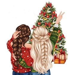 two girls hugging each other in front of a christmas tree with presents on the ground