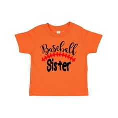 Treat your sports loving sibling to our Baseball Sister Toddler T-Shirt. A toddler-soft cotton tee in look-at-me, big kid colors. 4.5 oz., 100% combed ringspun cotton. White is sewn with 100% cotton thread. Topstitched rib crew neck. Double-needle stitched sleeves and bottom hem. Shoulder-to-shoulder taping. Toddler T-Shirt. Size: 3T.  Color: Orange.  Gender: female. Baseball Sister, Baseball Jersey Shirt, Gifts For Your Sister, Kids Outfits Girls, Jersey Shirt, Big Kids, Coloring For Kids, Toddler Girl, Cotton Tee