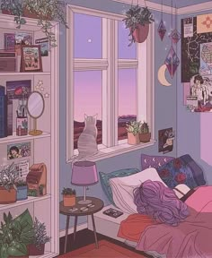 a bedroom with a cat sitting on the window sill looking out at the sunset