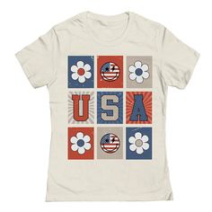 Celebrate red, white and blue with this Junior's America Star Peace Patriotic Graphic Tee. SETUP INFORMATION JRS USA Retro Tiles Juniors' RegFEATURES Americana Collection Soft Feel Cotton Short sleeves CrewneckFABRIC & CARE Cotton Machine wash Imported Size: Xxl. Color: Natural. Gender: female. Age Group: kids. White Retro Top For 4th Of July, Patriotic American Flag Multicolor Tops, White T-shirt With American Flag For Spring, Casual Multicolor American Flag Top, Retro Tiles, Red White And Blue, Cotton Shorts, Fabric Care, Gender Female