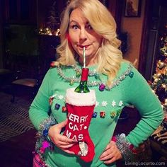 Funny Ugly Christmas Sweater Party Ideas! How to make a wine bottle sweater and Ugly Christmas Sweater Cake by Amy Locurto. LivingLocurto.com #wine #uglychristmassweater Cake Ugly, Ugly Christmas Sweater Cake, Making Ugly Christmas Sweaters, Christmas Costumes Diy, Sweater Cake, Geek Outfit