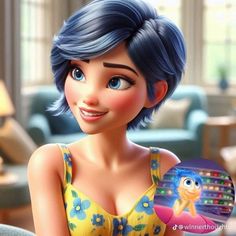 a cartoon character with blue hair holding a remote control in her hand and looking at the camera