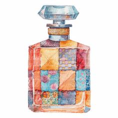 a watercolor painting of a bottle with colorful squares on it and a diamond in the top