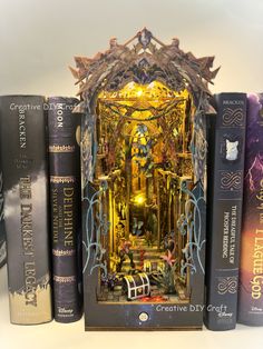 a book shelf filled with lots of books on top of each other and an open doorway in the middle