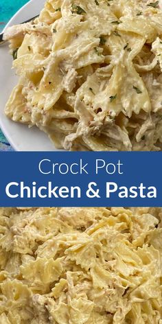 crock pot chicken and pasta on a white plate with a blue border around it