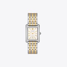 Clean-lined and elegant. The Eleanor watch features a geometric case, Double T clasp and classic link bracelet in two-tone stainless steel. Two Tone Watches Women, Tory Burch Watch, Classic Watch Women, Womens Designer Watches, Preppy Jewelry, Watches Women Leather, Bracelet Watches Women, Bangle Watches, Watches Women