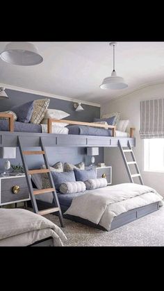 a bedroom with bunk beds and blue walls