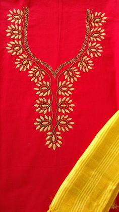 red and yellow sari with gold thread work on the border, along with an embroidered blouse