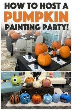 an advertisement for how to host a pumpkin painting party with painted pumpkins and monsters