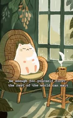 a cartoon cat sitting in a chair with a cup of coffee next to it and the caption reads, be enough for yourself first, the rest of the world can wait