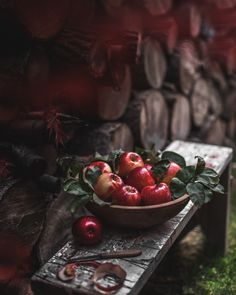 apples in a bowl sitting on a table next to some wood slices and other items