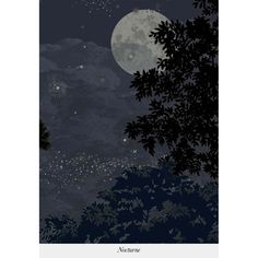 the night sky is full of stars and trees, as well as an image of a full moon