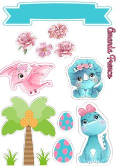 some stickers that are on the side of a white board with pink flowers and blue dragon