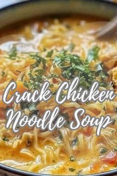 Crack Chicken Noodle Soup is a rich and comforting twist on the classic chicken noodle soup. Tender chunks of chicken simmer in a creamy, flavorful broth made with cream cheese, ranch seasoning, and crispy bacon, creating a savory and indulgent base. The addition of garlic and onion enhances the depth of flavor, while hearty egg noodles soak up the creamy broth. The crispy bacon adds a satisfying crunch, and the melted cream cheese creates a velvety texture that makes each spoonful utterly comforting. This soup is perfect for cozy nights, offering both warmth and a burst of rich, irresistible flavors. Classic Chicken Noodle Soup, Chicken Noodle Soup Ingredients, Ranch Seasoning, Chicken Noodle Soup, Soup And Sandwich, Egg Noodles, Chicken Noodle, Crispy Bacon