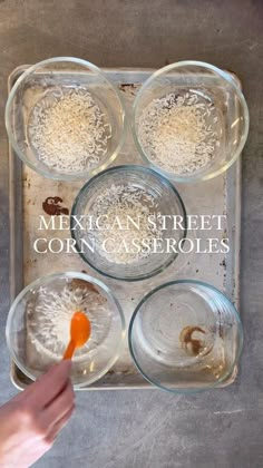 the ingredients for mexican street corn casserole in glass bowls