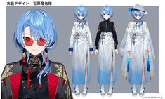 an anime character with blue hair and red eyes, wearing a long white coat and black pants