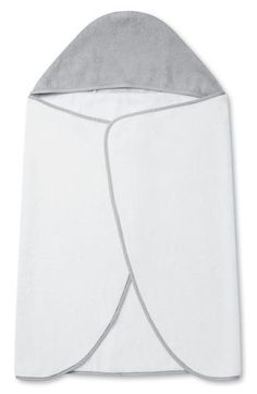 a white and gray hooded blanket with grey trims on the hood, in front of a