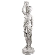 a statue of a woman holding a vase in her hand, on a white background