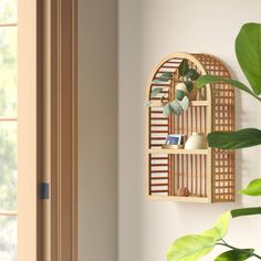 a wooden shelf with plants on it next to a window