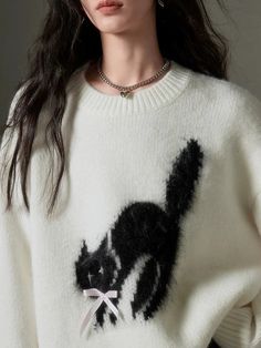 Cat Soft Waxy Round Neck Pullover Sweater – ARCANA ARCHIVE Arcana Archive, Cat Motif, Cat Sweater, Fashion Wishlist, Thrift Shopping, Sweater Making, Printed Sweater, Animal Pattern, Art Clothes