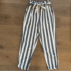 Nwt Condition Size Xs Blue And White Striped Pants High Waisted Button Fly Paper-Bag Adjustable Waistband Fast Shipping P1 Casual Striped Pants With Belt Loops, White Paperbag Waist Casual Bottoms, Blue Paperbag Waist Bottoms With Belt Loops, White Paperbag Waist Bottoms For Day Out, Trendy White Paperbag Waist Bottoms, Blue And White Striped Pants, Aztec Print Leggings, Fly Paper, Bohemian Pants