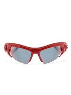 red acetate biker-style frame UV-protective mirrored lenses logo plaque at the arm straight arms and tips These glasses come with a protective case. Functional Red Sunglasses For Outdoor, Red Shield Sunglasses With Uva Protection, Functional Red Sports Sunglasses, Functional Red Sunglasses With Uv Protection, Red Anti-reflective Sports Sunglasses, Red Shield Sunglasses With Uv Protection For Sports, Red Anti-reflective Sporty Sunglasses, Red Sunglasses With Mirrored Lenses For Outdoor, Red Shield Sunglasses With Tinted Lenses For Outdoor