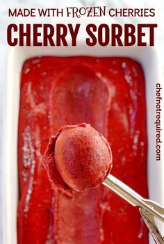 homemade frozen cherry sorbet made with frozen cherries in the freezer and ready to be eaten