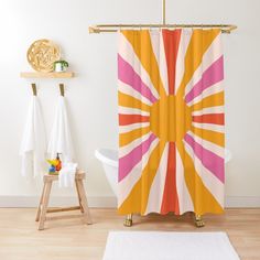 a shower curtain with an abstract design in pink, yellow and orange on the outside