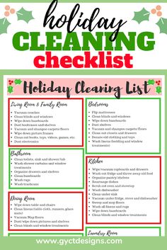 a holiday cleaning checklist with the words holiday cleaning list in red, green and white