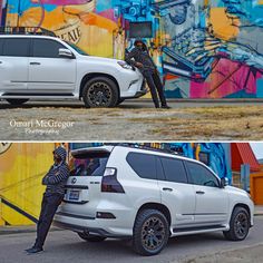 two pictures side by side of a white suv and the same one with graffiti on it