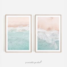 two framed art prints with pastel colors on the wall next to each other in front of a white background