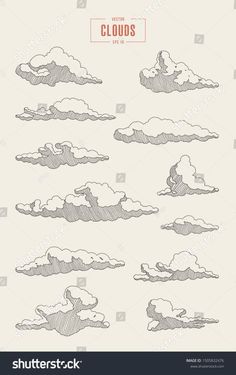 hand drawn clouds in the sky with different shapes and sizes, set of twelve illustrations