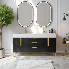 a bathroom vanity with two mirrors above it and a potted plant in the corner