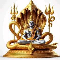 the statue is sitting on top of a golden throne